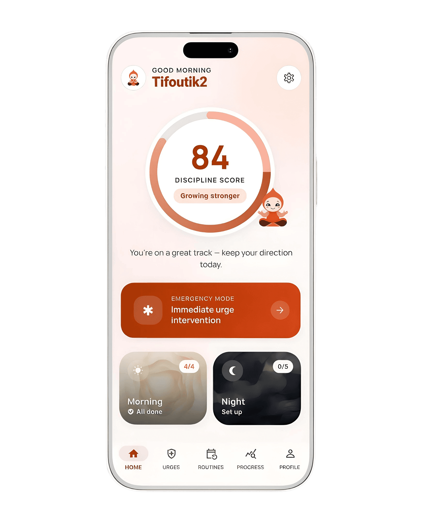 The Mentalis Home screen: a Discipline Score ring at 84 with the label “Growing stronger”, an Emergency Mode button for immediate urge intervention, and Morning and Night routine cards.