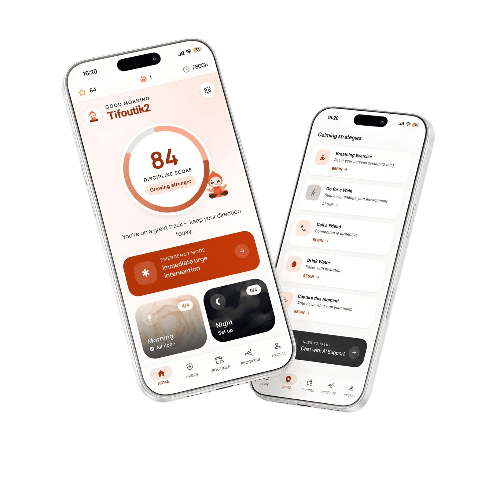 Two Mentalis screens side by side: the Home screen with Emergency Mode, and the Calm Space with a breathing exercise and coping strategies.