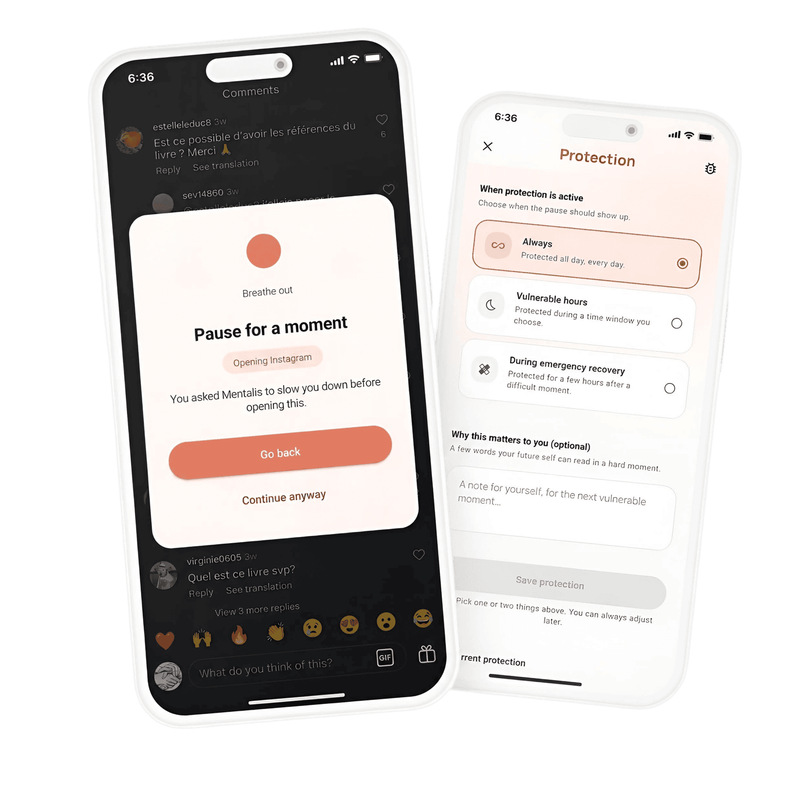 Two Mentalis screens: a mindful “Pause for a moment” interruption before opening a distracting app, and the Protection settings with user-defined focus rules.