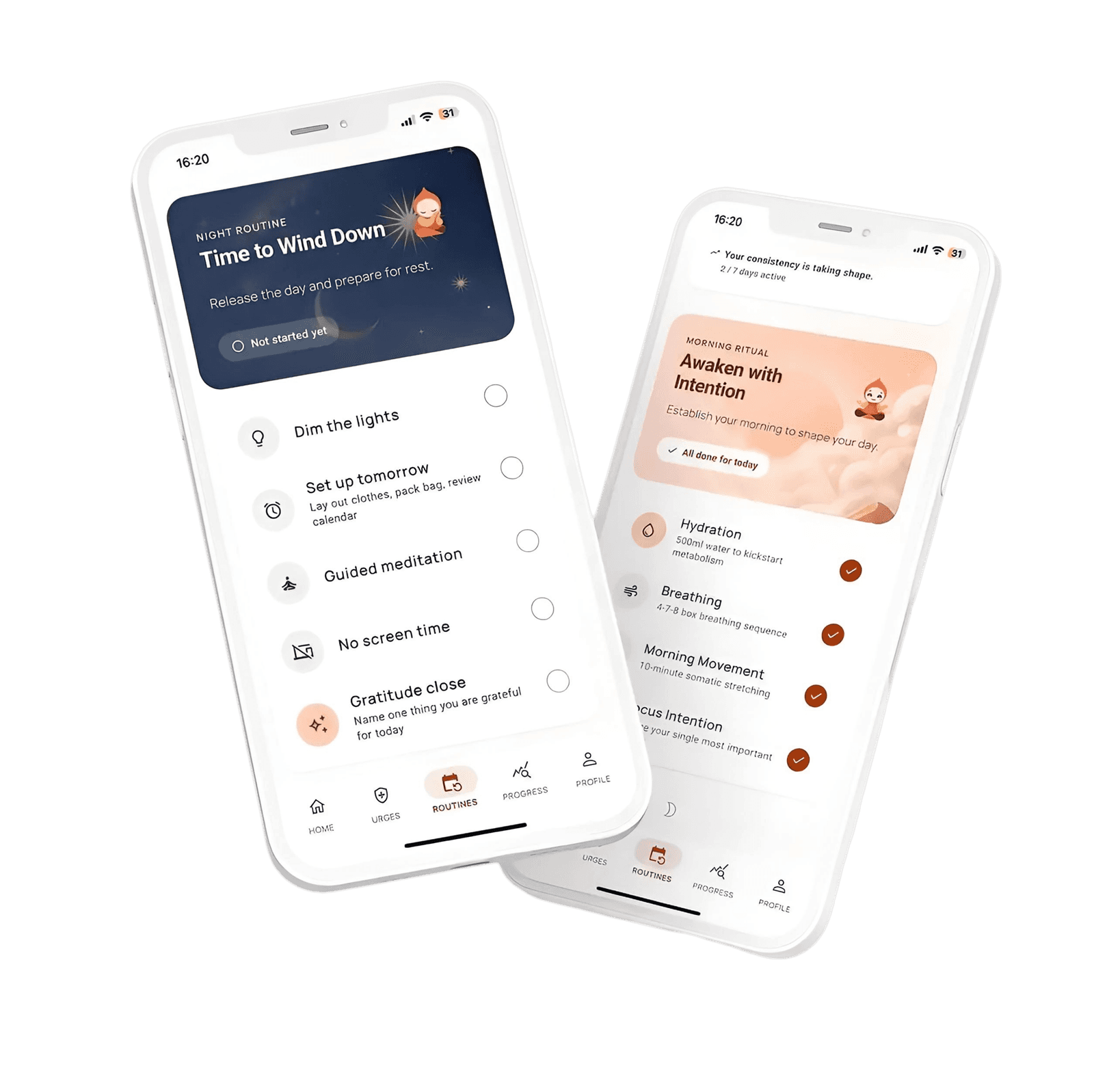 Two Mentalis screens: a warm sunrise Morning routine with guided steps, and a dark starlit Night routine for winding down.