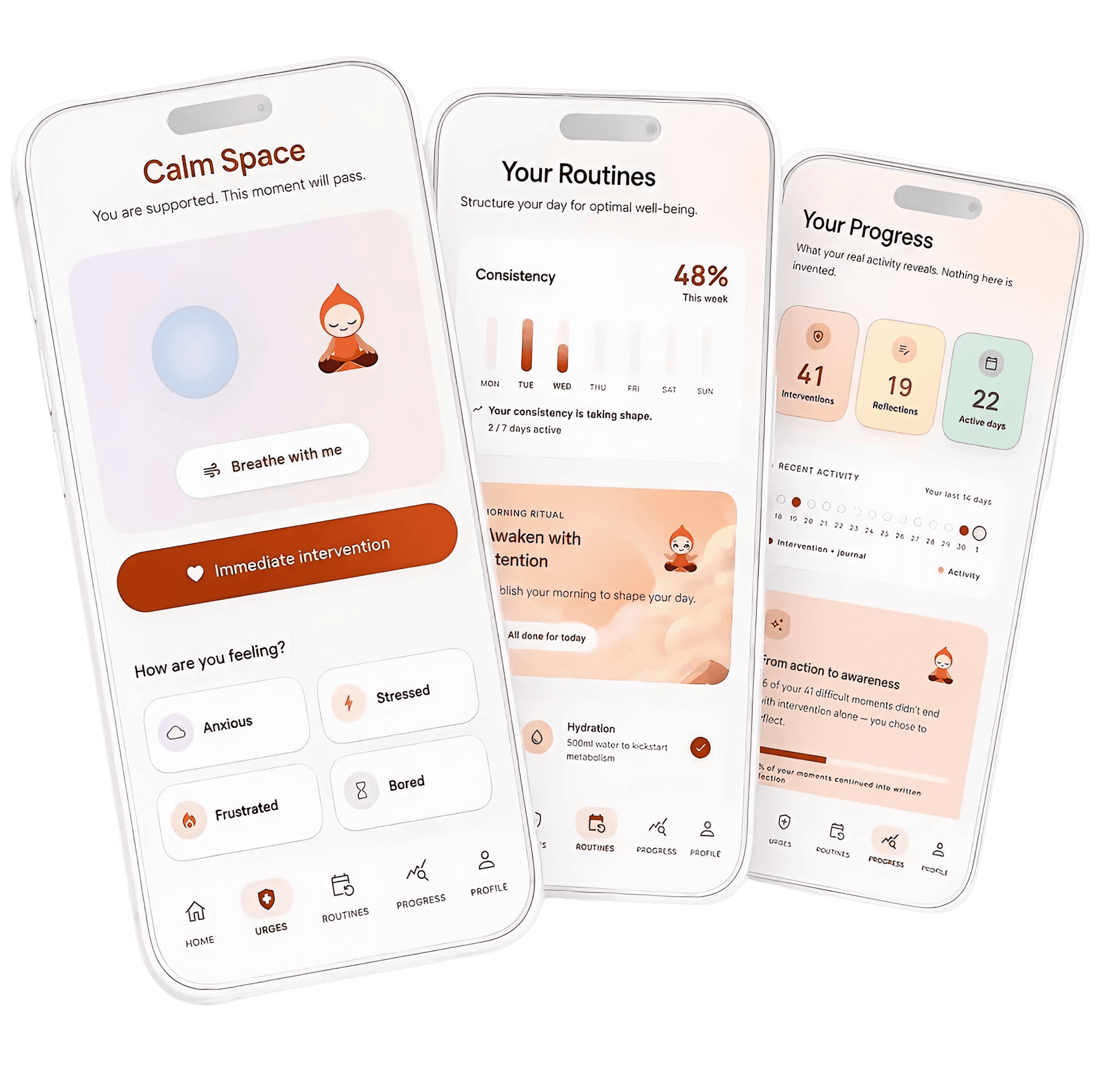 Three Mentalis screens: the Calm Space for urges, the Routines screen with morning steps, and the Progress screen with consistency insights.